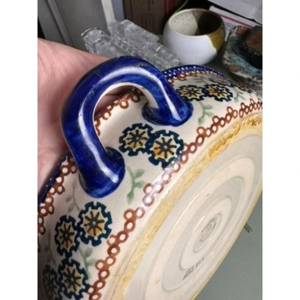 Vintage Hand-painted Serving Dish Stoneware Cobalt Blue‎ Floral Unikat Pattern